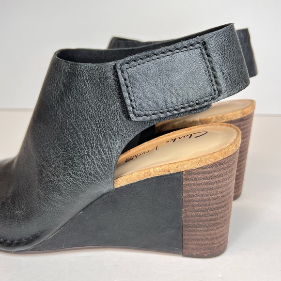 Clarks Spiced Meadow Blk Leather Wedge Open Toe Sandals Comfort Fit Sz 10 As New - Picture 7 of 15
